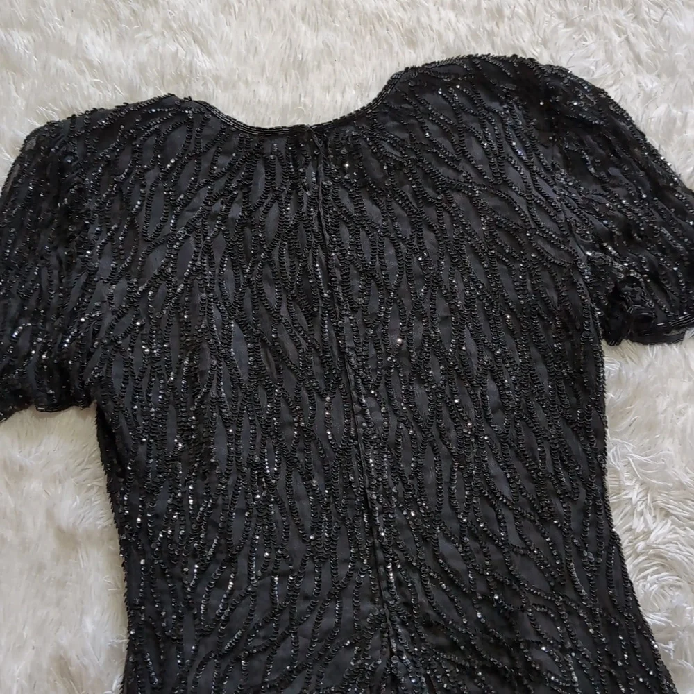 80s Vintage Silky Nites by Cherish Black Sequin & Beaded Cocktail Dress - Picture 8 of 15